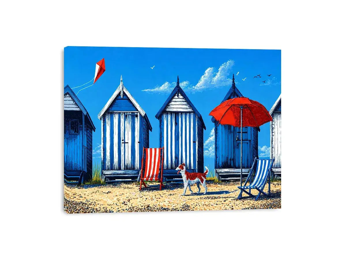 coastal beach huts illustration blue cabins seaside Canvas Print canvas
