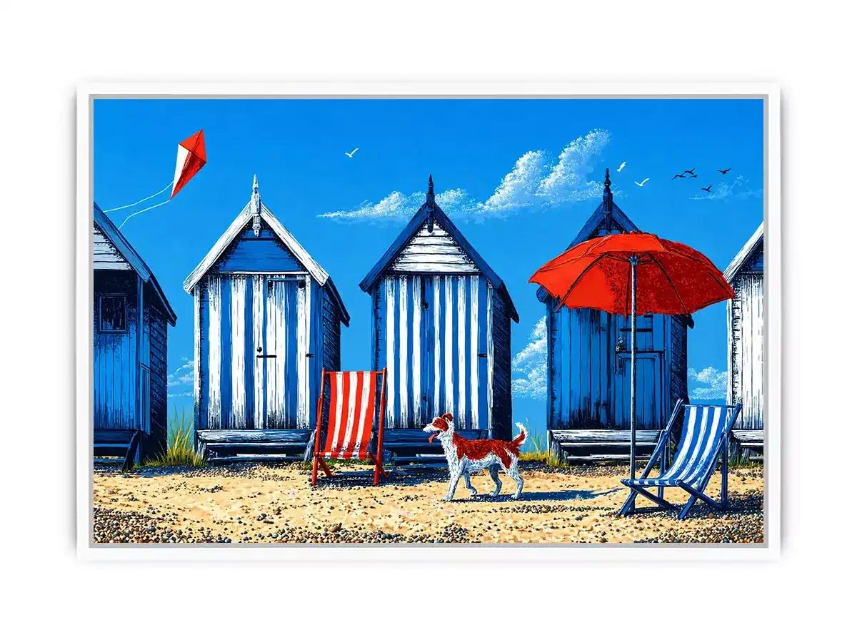 coastal beach huts illustration blue cabins seaside Canvas Print canvas