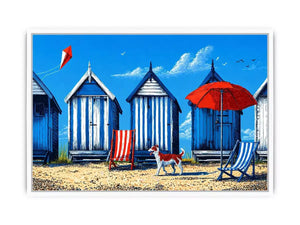 coastal beach huts illustration blue cabins seaside Canvas Print canvas