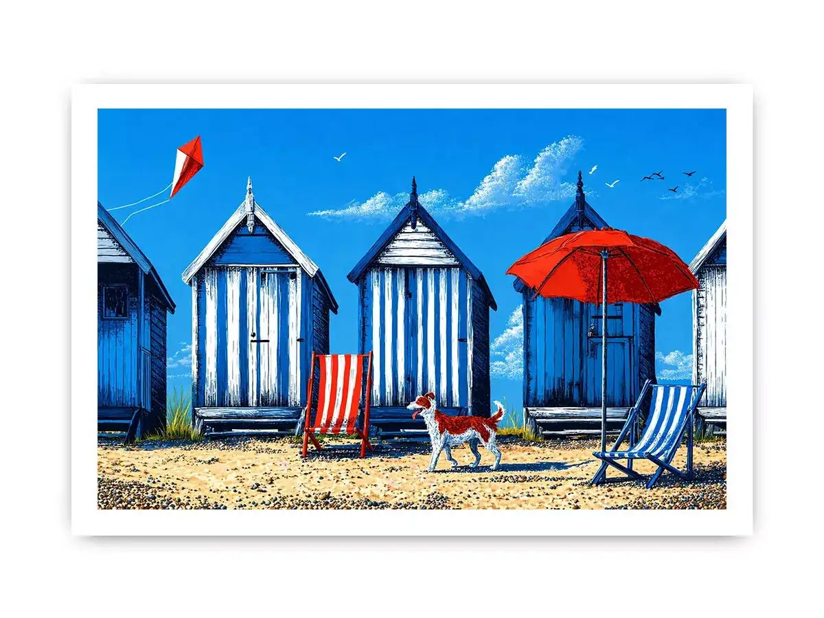 coastal beach huts illustration blue cabins seaside Canvas Print canvas