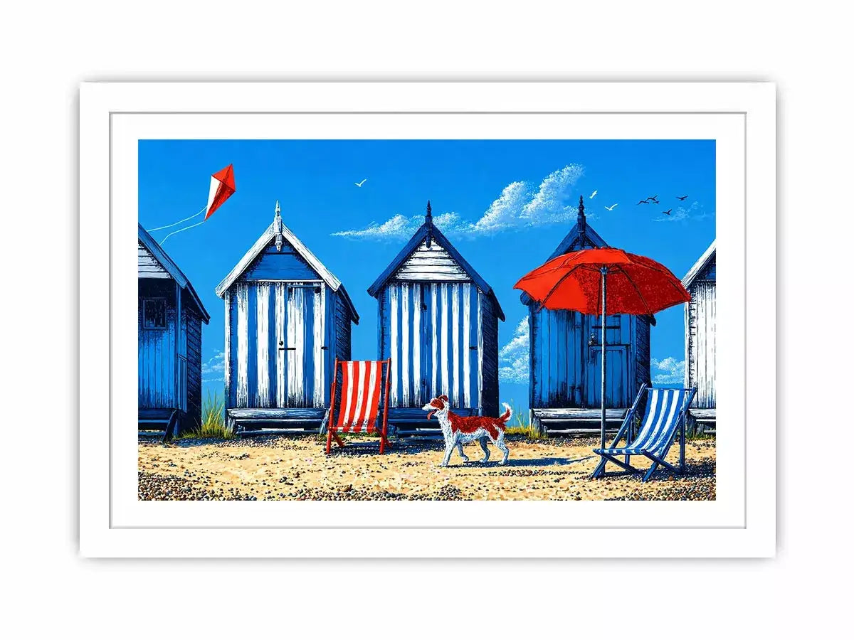 coastal beach huts illustration blue cabins seaside Canvas Print canvas