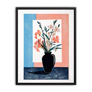minimalist floral vase Canvas Print, pastel botanical print modern decor, japandi flower vase illustration, scandinavian still life artwork, soft pink blue floral canvas