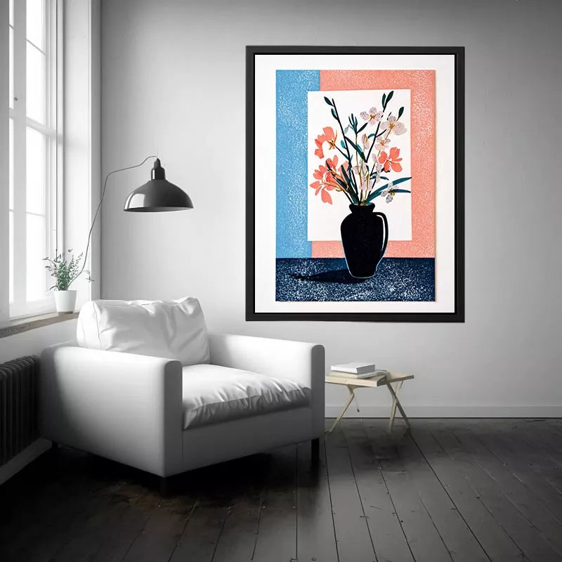 minimalist floral vase Canvas Print, pastel botanical print modern decor, japandi flower vase illustration, scandinavian still life artwork, soft pink blue floral canvas