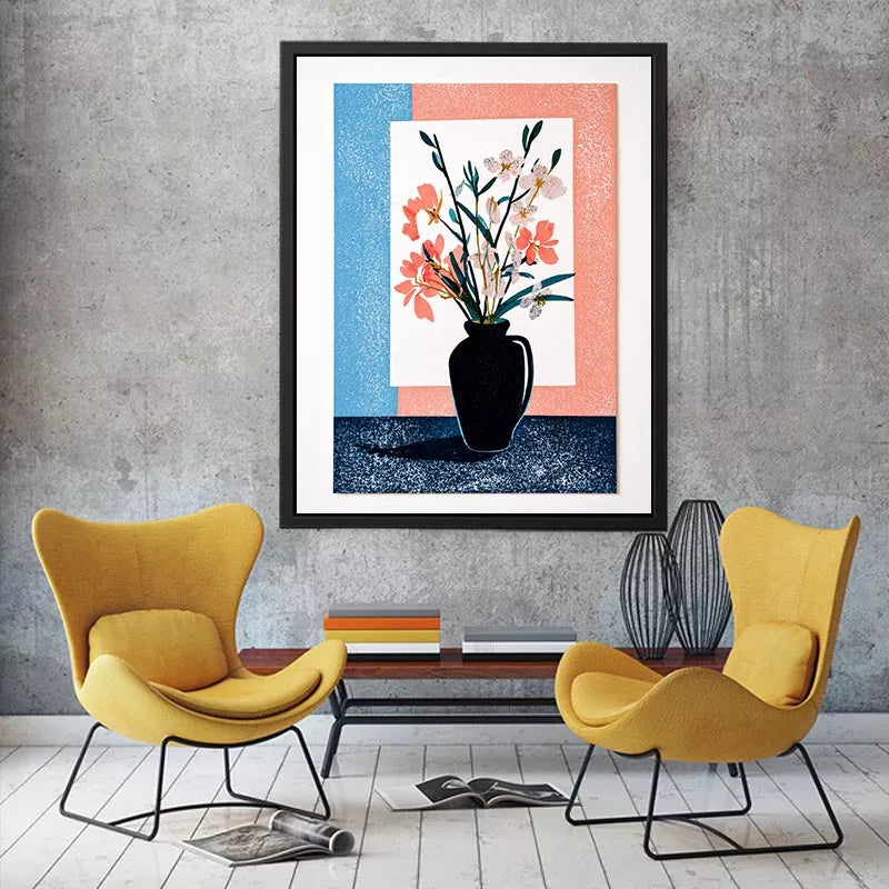 minimalist floral vase Canvas Print, pastel botanical print modern decor, japandi flower vase illustration, scandinavian still life artwork, soft pink blue floral canvas
