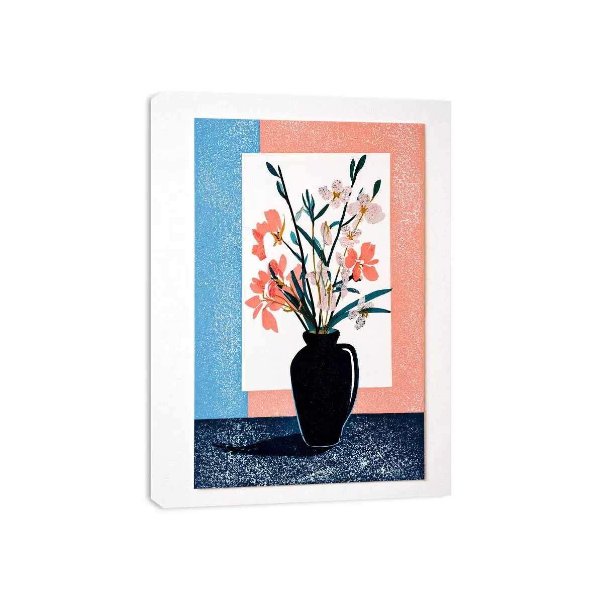 minimalist floral vase Canvas Print, pastel botanical print modern decor, japandi flower vase illustration, scandinavian still life artwork, soft pink blue floral canvas