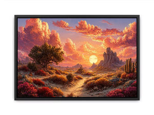 desert sunset landscape Canvas Print, warm sky desert Canvas Print, boho desert scenery artwork, pastel sky landscape painting, cactus desert sunset illustration