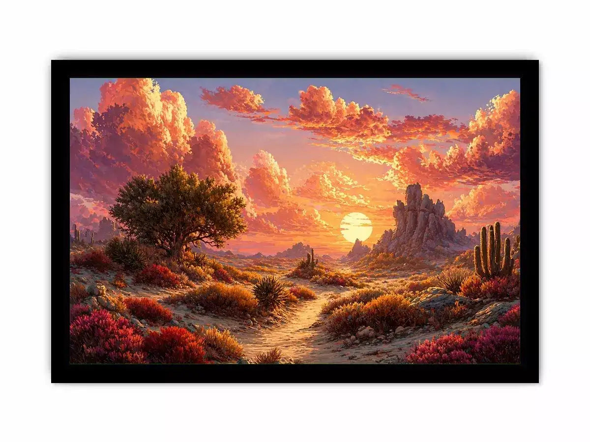 desert sunset landscape Canvas Print, warm sky desert Canvas Print, boho desert scenery artwork, pastel sky landscape painting, cactus desert sunset illustration