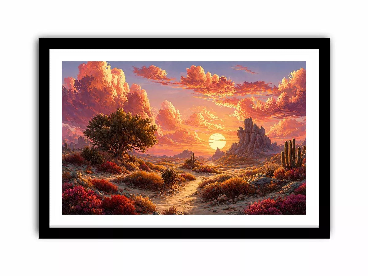 desert sunset landscape Canvas Print, warm sky desert Canvas Print, boho desert scenery artwork, pastel sky landscape painting, cactus desert sunset illustration