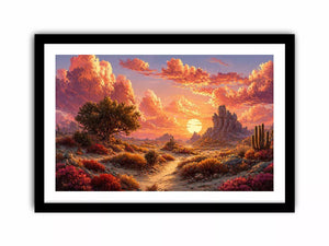 desert sunset landscape Canvas Print, warm sky desert Canvas Print, boho desert scenery artwork, pastel sky landscape painting, cactus desert sunset illustration