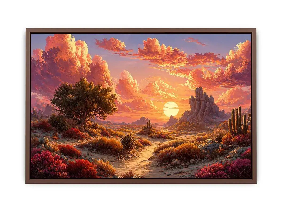 desert sunset landscape Canvas Print, warm sky desert Canvas Print, boho desert scenery artwork, pastel sky landscape painting, cactus desert sunset illustration