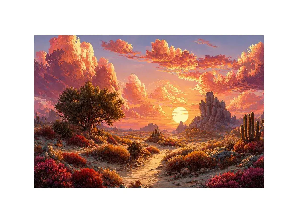 desert sunset landscape Canvas Print, warm sky desert Canvas Print, boho desert scenery artwork, pastel sky landscape painting, cactus desert sunset illustration