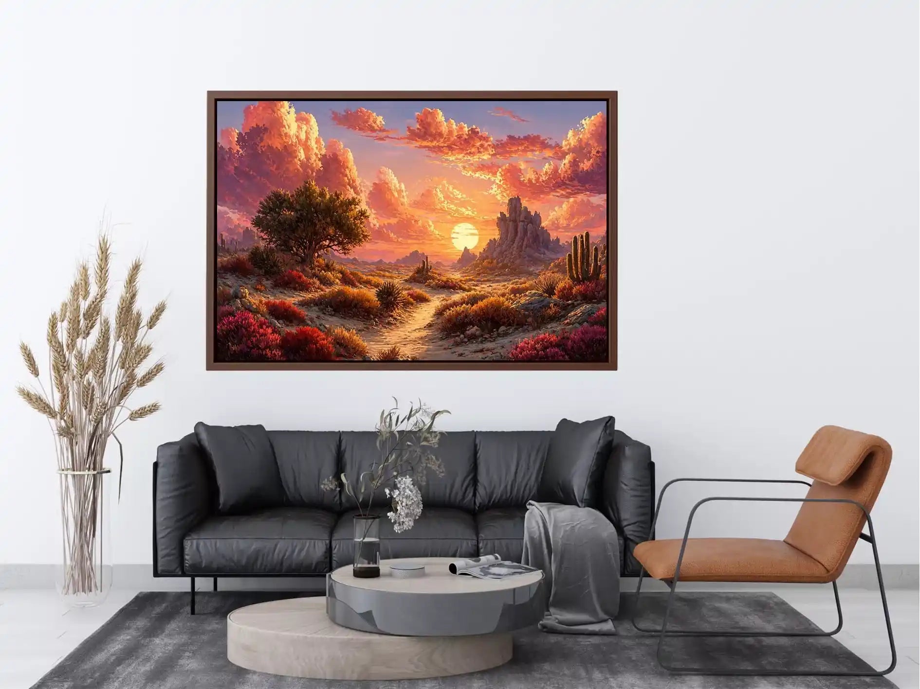 desert sunset landscape Canvas Print, warm sky desert Canvas Print, boho desert scenery artwork, pastel sky landscape painting, cactus desert sunset illustration