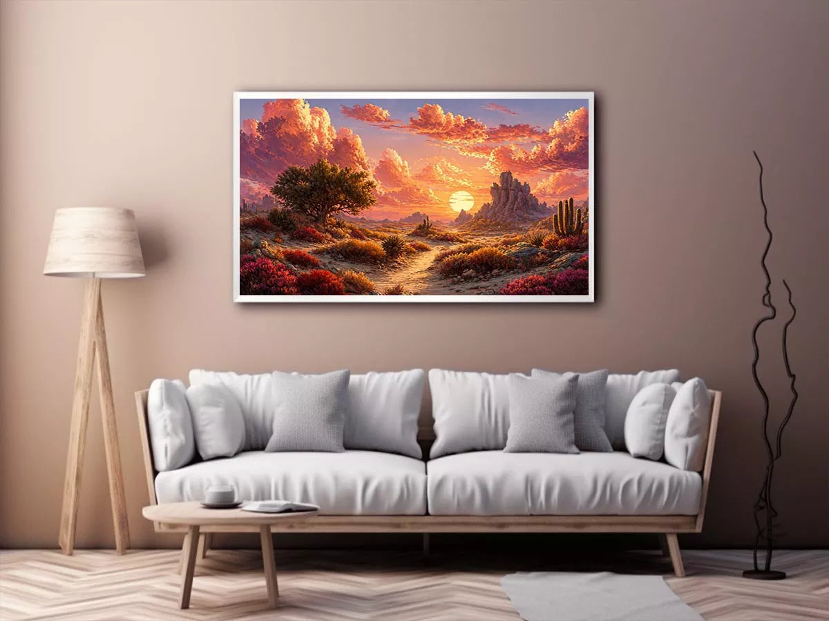 desert sunset landscape Canvas Print, warm sky desert Canvas Print, boho desert scenery artwork, pastel sky landscape painting, cactus desert sunset illustration