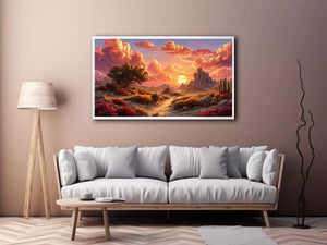 desert sunset landscape Canvas Print, warm sky desert Canvas Print, boho desert scenery artwork, pastel sky landscape painting, cactus desert sunset illustration