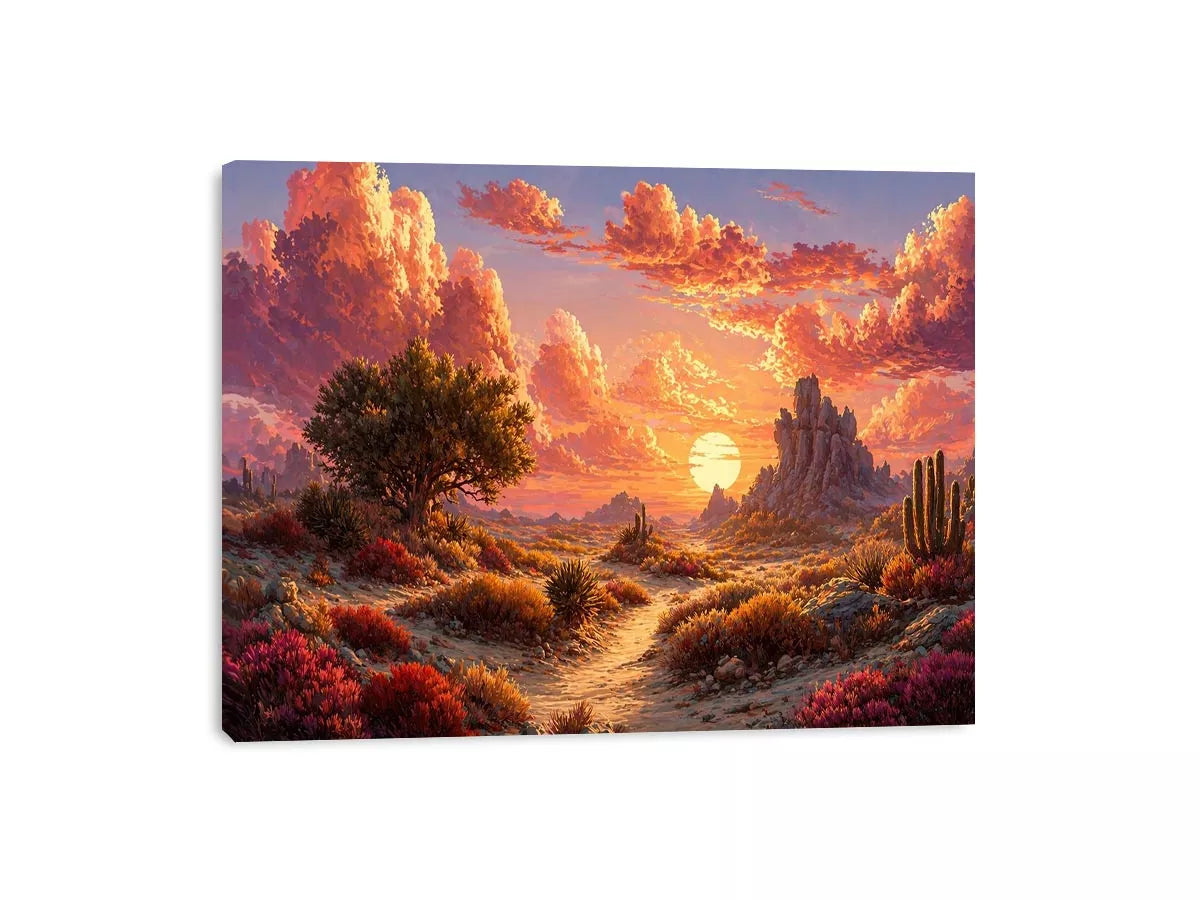 desert sunset landscape Canvas Print, warm sky desert Canvas Print, boho desert scenery artwork, pastel sky landscape painting, cactus desert sunset illustration