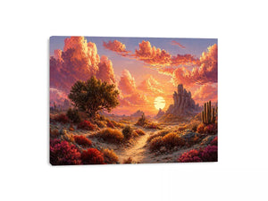 desert sunset landscape Canvas Print, warm sky desert Canvas Print, boho desert scenery artwork, pastel sky landscape painting, cactus desert sunset illustration