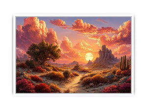 desert sunset landscape Canvas Print, warm sky desert Canvas Print, boho desert scenery artwork, pastel sky landscape painting, cactus desert sunset illustration