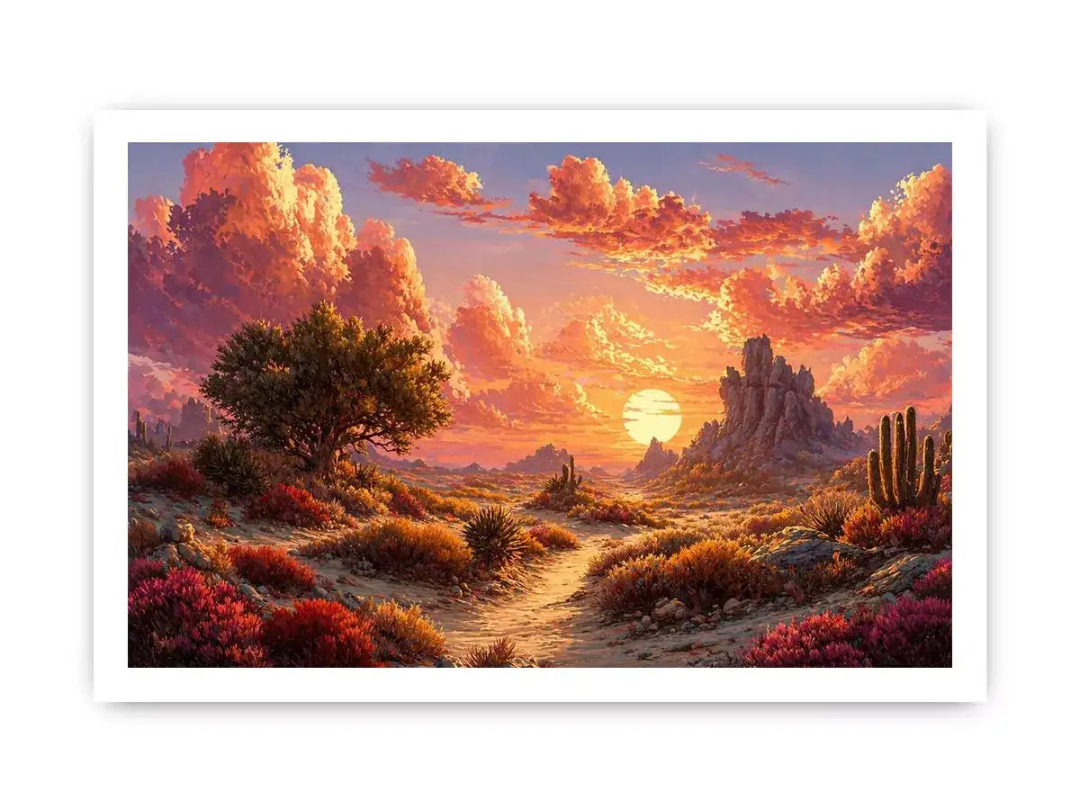 desert sunset landscape wall art, warm sky desert canvas print, boho desert scenery artwork, pastel sky landscape painting, cactus desert sunset illustration