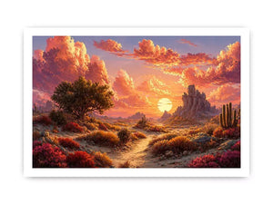 desert sunset landscape Canvas Print, warm sky desert Canvas Print, boho desert scenery artwork, pastel sky landscape painting, cactus desert sunset illustration