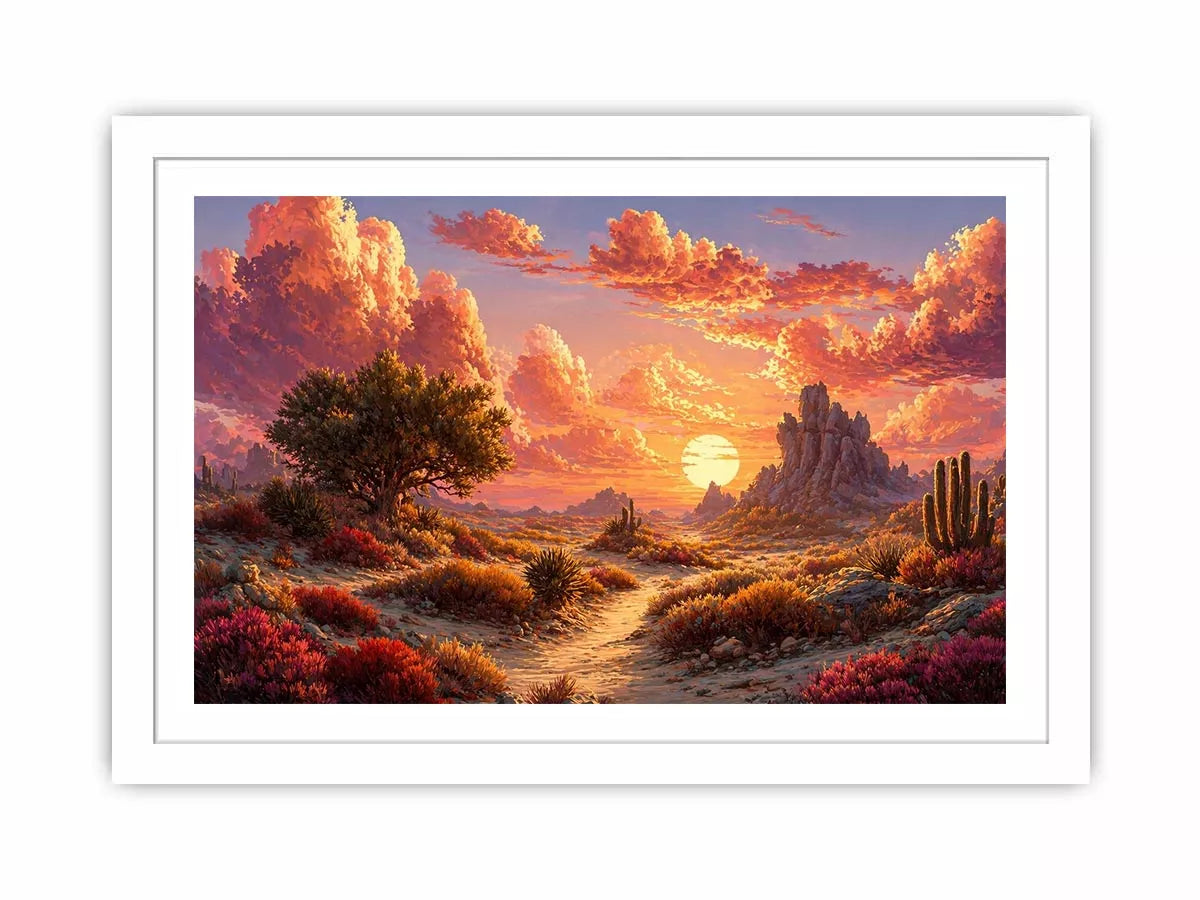 desert sunset landscape wall art, warm sky desert canvas print, boho desert scenery artwork, pastel sky landscape painting, cactus desert sunset illustration