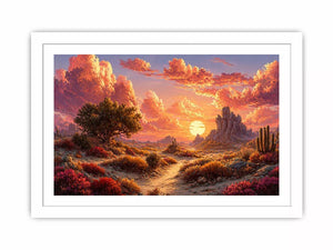 desert sunset landscape Canvas Print, warm sky desert Canvas Print, boho desert scenery artwork, pastel sky landscape painting, cactus desert sunset illustration