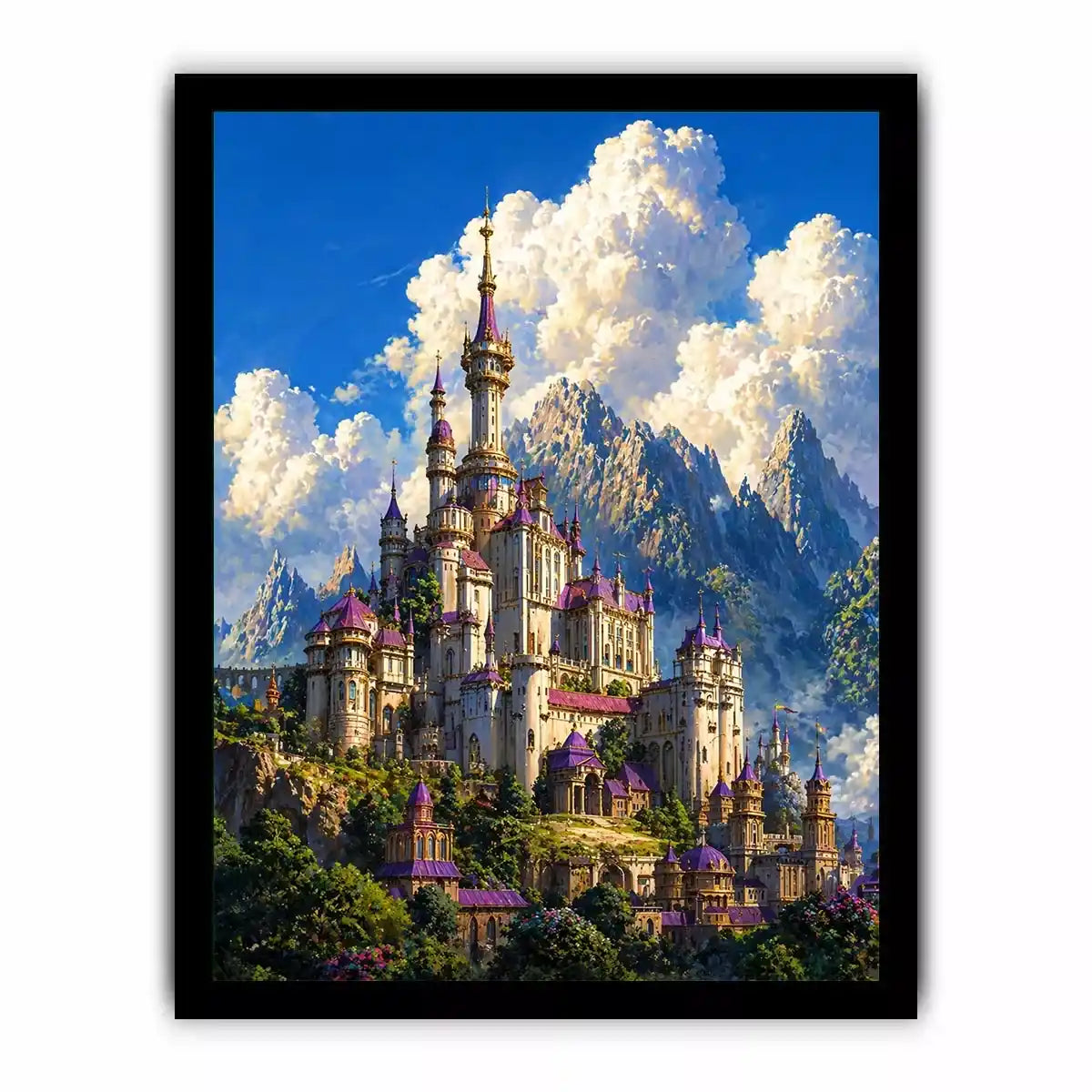 fantasy castle wall art, majestic palace mountain canvas, dreamy sky castle artwork, medieval fantasy architecture print, luxury castle landscape illustration