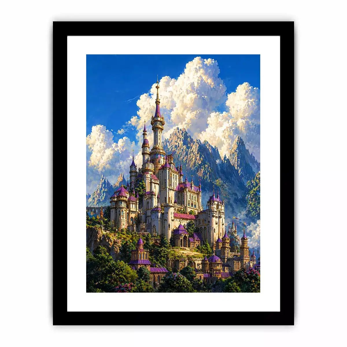 fantasy castle wall art, majestic palace mountain canvas, dreamy sky castle artwork, medieval fantasy architecture print, luxury castle landscape illustration