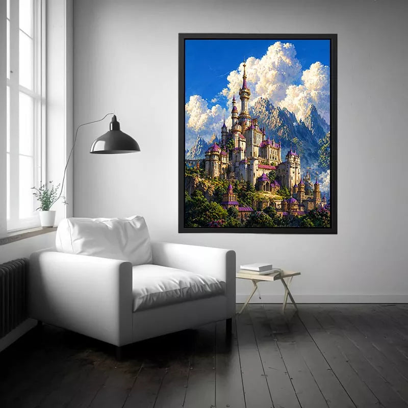 fantasy castle Canvas Print, majestic palace mountain canvas, dreamy sky castle artwork, medieval fantasy architecture print, luxury castle landscape illustration