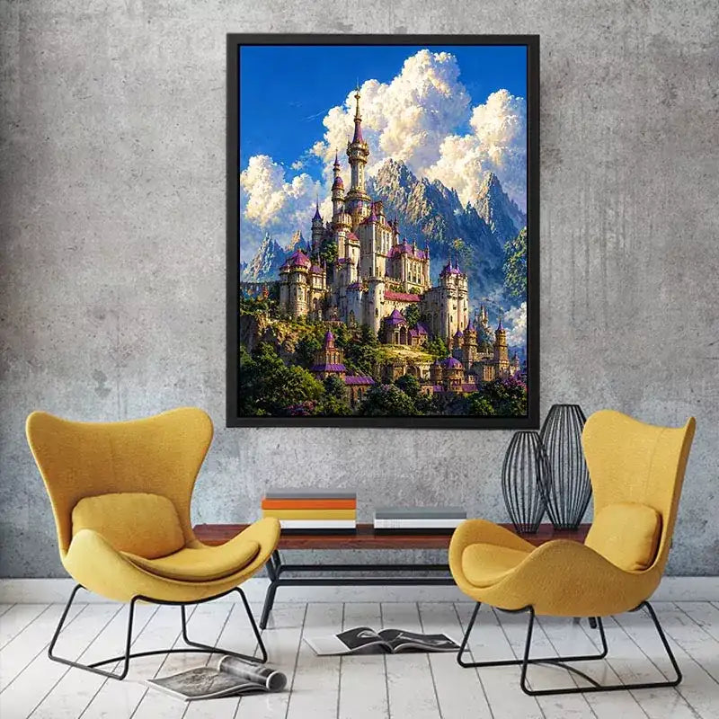 fantasy castle Canvas Print, majestic palace mountain canvas, dreamy sky castle artwork, medieval fantasy architecture print, luxury castle landscape illustration