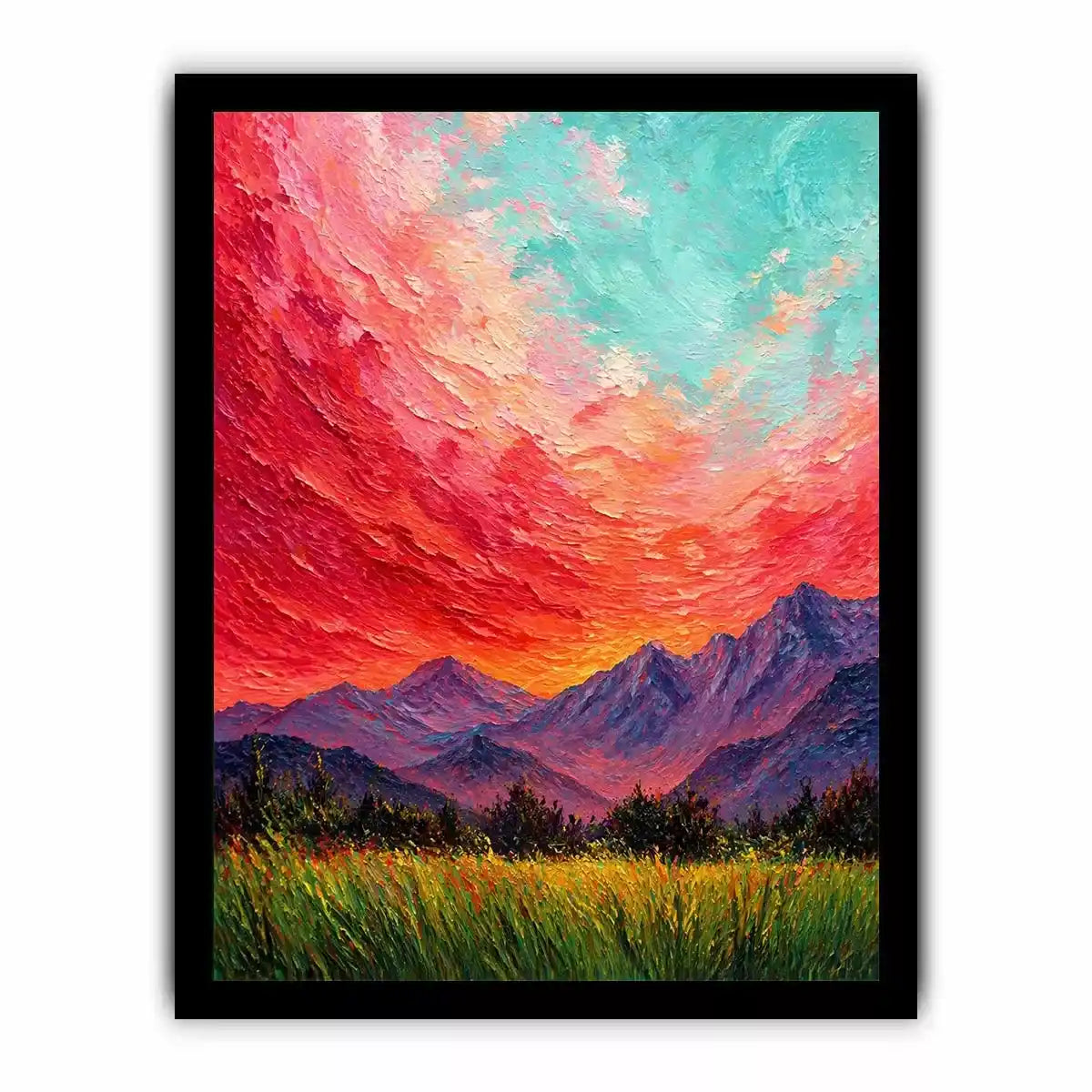 abstract sunset landscape Canvas Print, textured sky painting canvas, red sky mountain artwork, expressive landscape painting modern decor, colorful abstract nature art