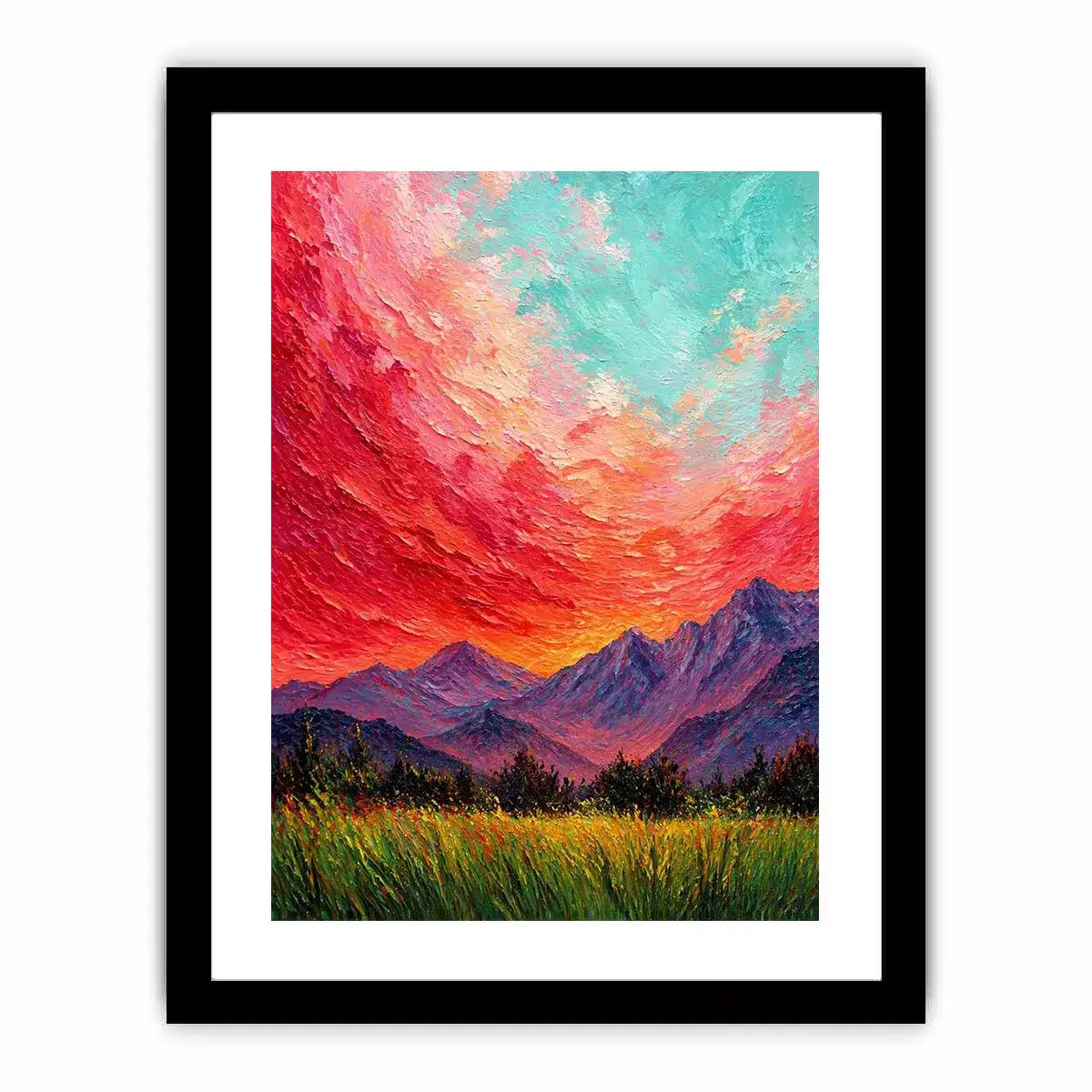 abstract sunset landscape Canvas Print, textured sky painting canvas, red sky mountain artwork, expressive landscape painting modern decor, colorful abstract nature art
