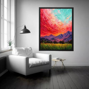 abstract sunset landscape Canvas Print, textured sky painting canvas, red sky mountain artwork, expressive landscape painting modern decor, colorful abstract nature art