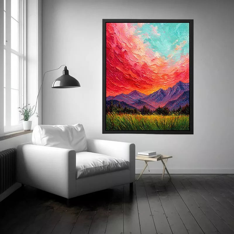 abstract sunset landscape Canvas Print, textured sky painting canvas, red sky mountain artwork, expressive landscape painting modern decor, colorful abstract nature art