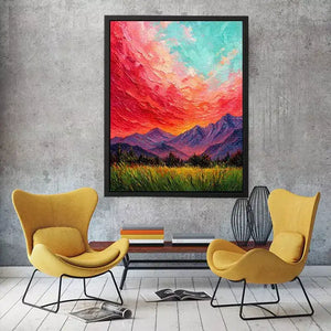 abstract sunset landscape Canvas Print, textured sky painting canvas, red sky mountain artwork, expressive landscape painting modern decor, colorful abstract nature art