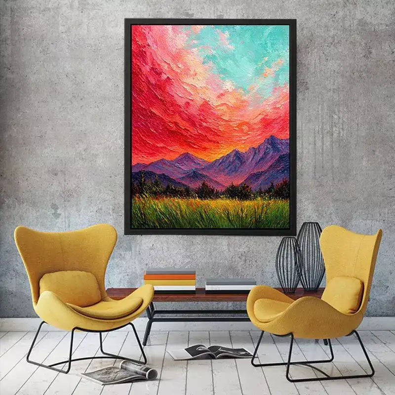 abstract sunset landscape Canvas Print, textured sky painting canvas, red sky mountain artwork, expressive landscape painting modern decor, colorful abstract nature art