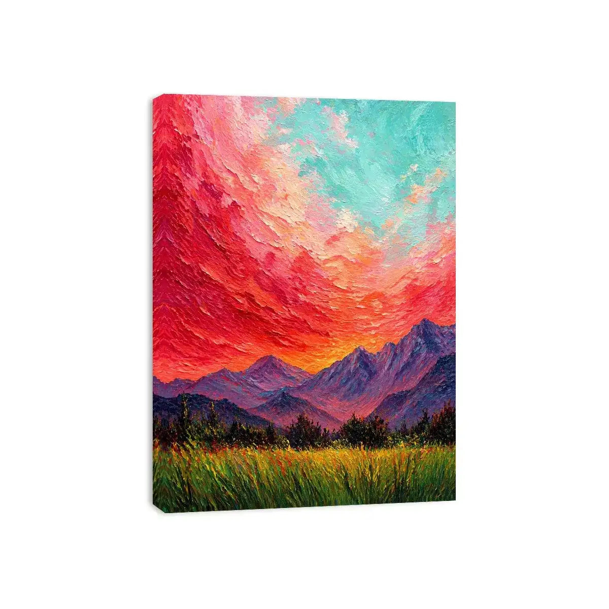 abstract sunset landscape Canvas Print, textured sky painting canvas, red sky mountain artwork, expressive landscape painting modern decor, colorful abstract nature art