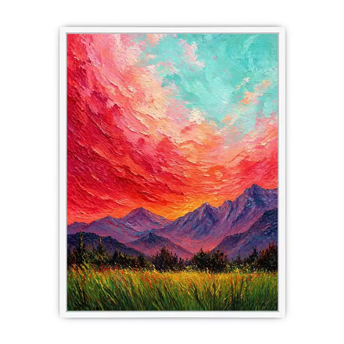 abstract sunset landscape Canvas Print, textured sky painting canvas, red sky mountain artwork, expressive landscape painting modern decor, colorful abstract nature art