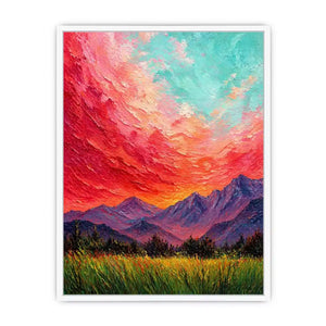 abstract sunset landscape Canvas Print, textured sky painting canvas, red sky mountain artwork, expressive landscape painting modern decor, colorful abstract nature art
