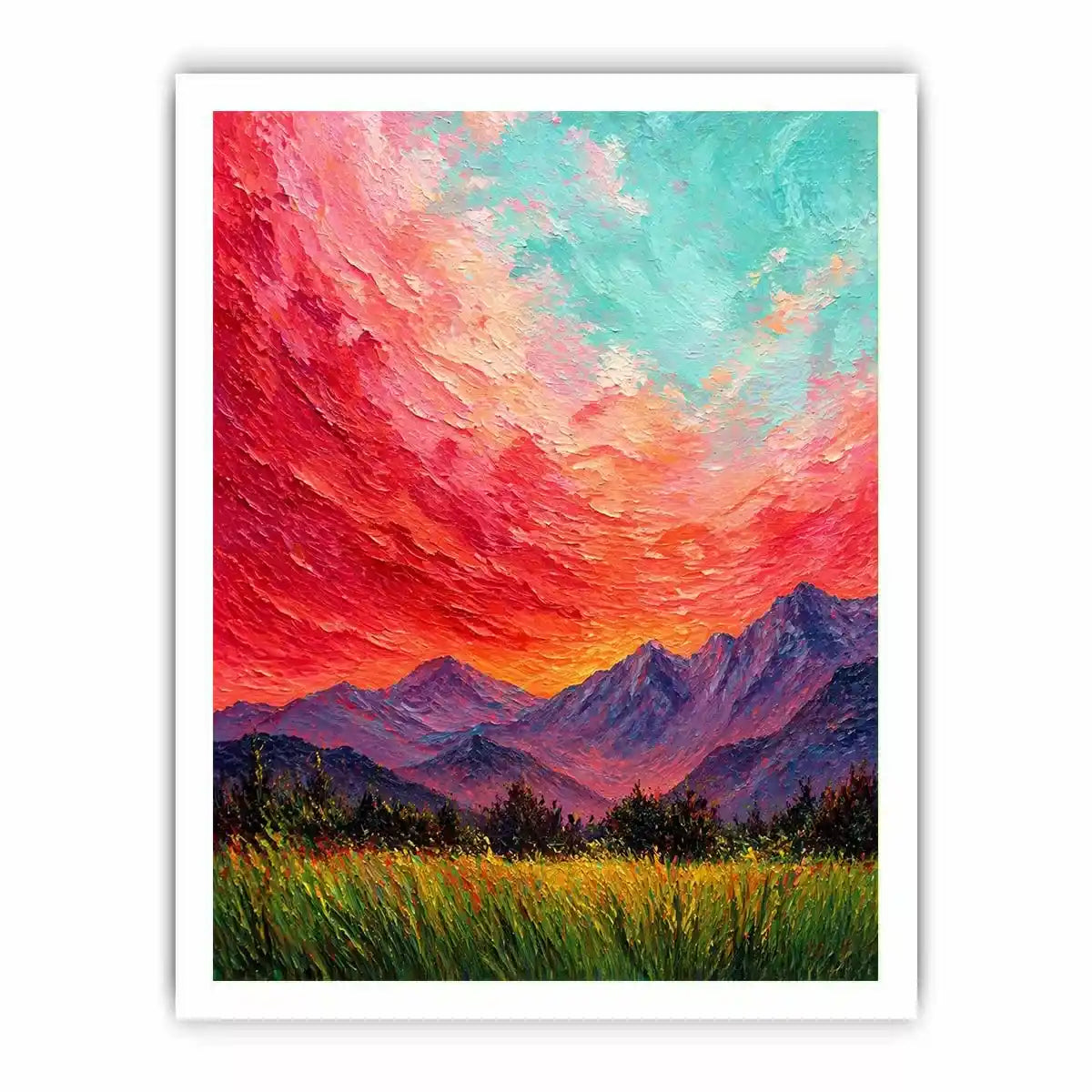 abstract sunset landscape Canvas Print, textured sky painting canvas, red sky mountain artwork, expressive landscape painting modern decor, colorful abstract nature art