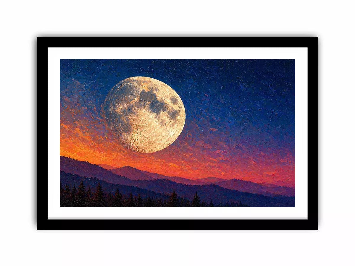 moon landscape wall art, full moon sky canvas print, night sky mountain artwork, celestial moon painting modern decor, dramatic sky moon illustration