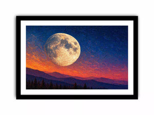 moon landscape wall art, full moon sky canvas print, night sky mountain artwork, celestial moon painting modern decor, dramatic sky moon illustration