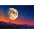 moon landscape wall art, full moon sky canvas print, night sky mountain artwork, celestial moon painting modern decor, dramatic sky moon illustration