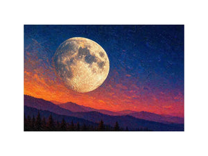 moon landscape wall art, full moon sky canvas print, night sky mountain artwork, celestial moon painting modern decor, dramatic sky moon illustration
