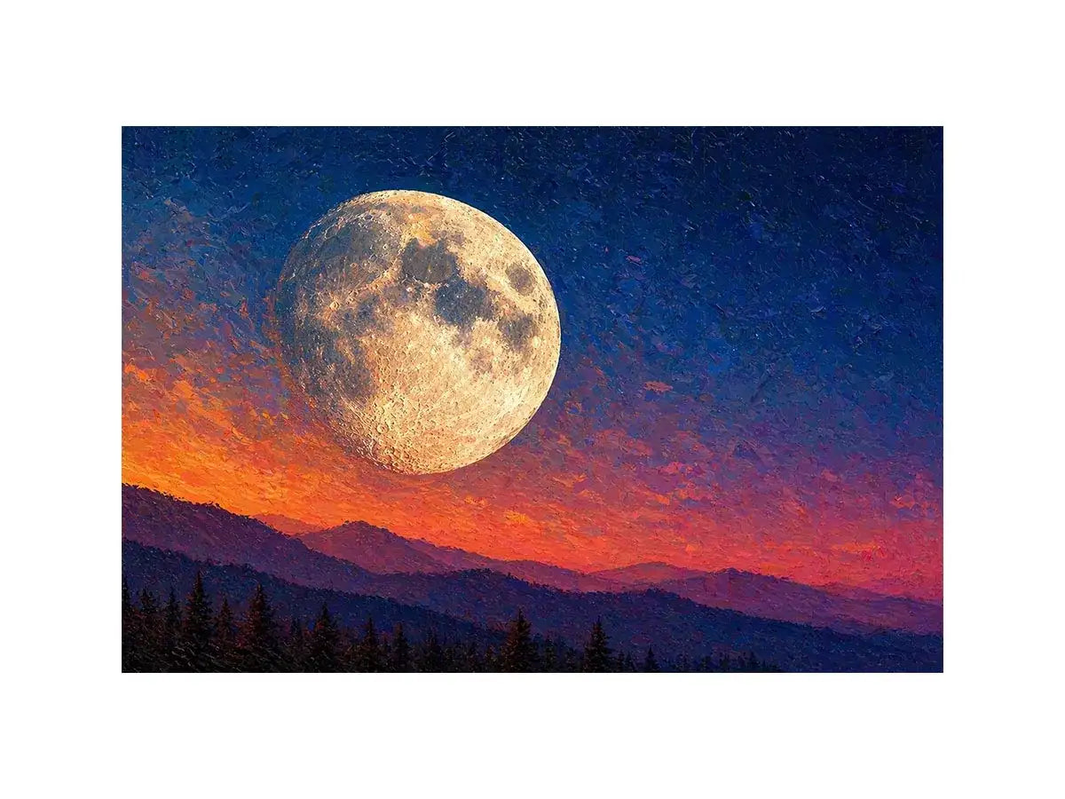 moon landscape Canvas Print, full moon sky Canvas Print, night sky mountain artwork, celestial moon painting modern decor, dramatic sky moon illustration
