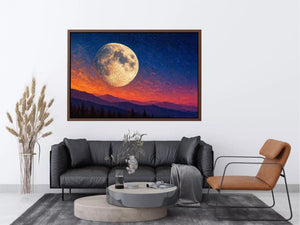 moon landscape wall art, full moon sky canvas print, night sky mountain artwork, celestial moon painting modern decor, dramatic sky moon illustration
