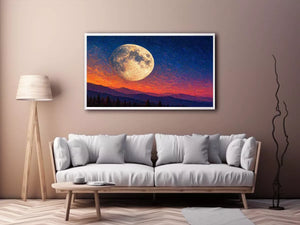 moon landscape wall art, full moon sky canvas print, night sky mountain artwork, celestial moon painting modern decor, dramatic sky moon illustration