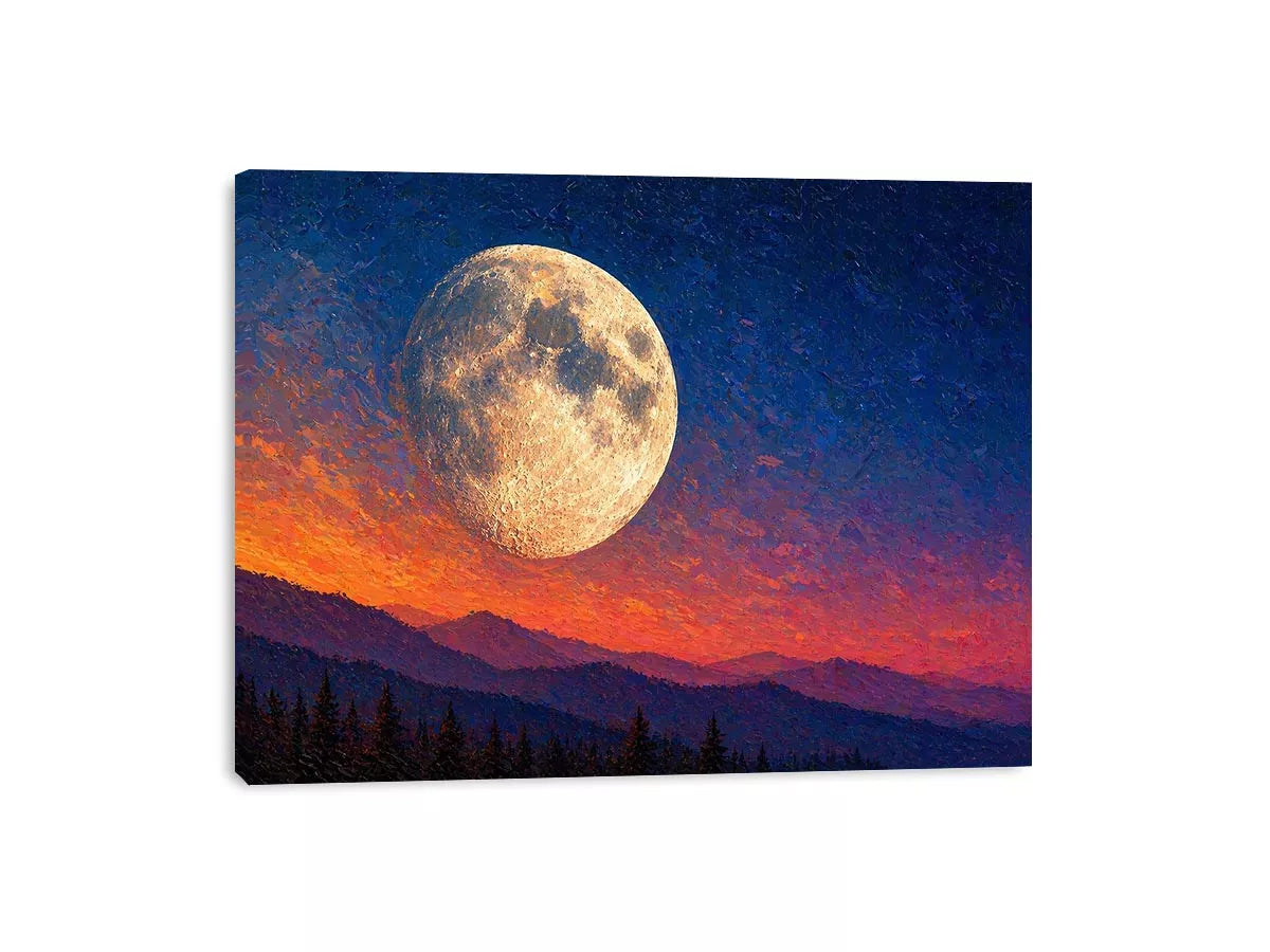 moon landscape wall art, full moon sky canvas print, night sky mountain artwork, celestial moon painting modern decor, dramatic sky moon illustration