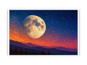 moon landscape wall art, full moon sky canvas print, night sky mountain artwork, celestial moon painting modern decor, dramatic sky moon illustration