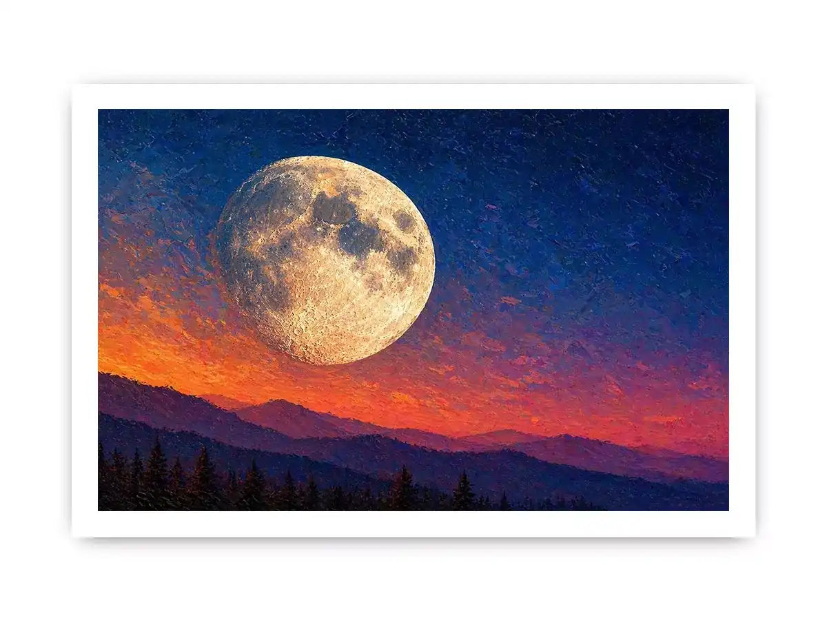 moon landscape wall art, full moon sky canvas print, night sky mountain artwork, celestial moon painting modern decor, dramatic sky moon illustration