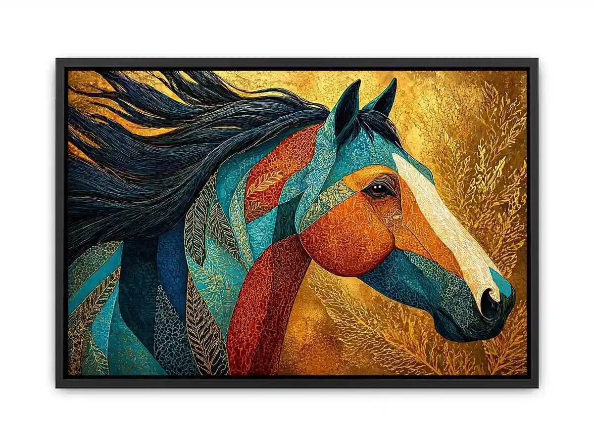 luxury horse Canvas Print, ornate horse portrait canvas, gold textured horse painting, modern animal artwork decor, stylized horse illustration print